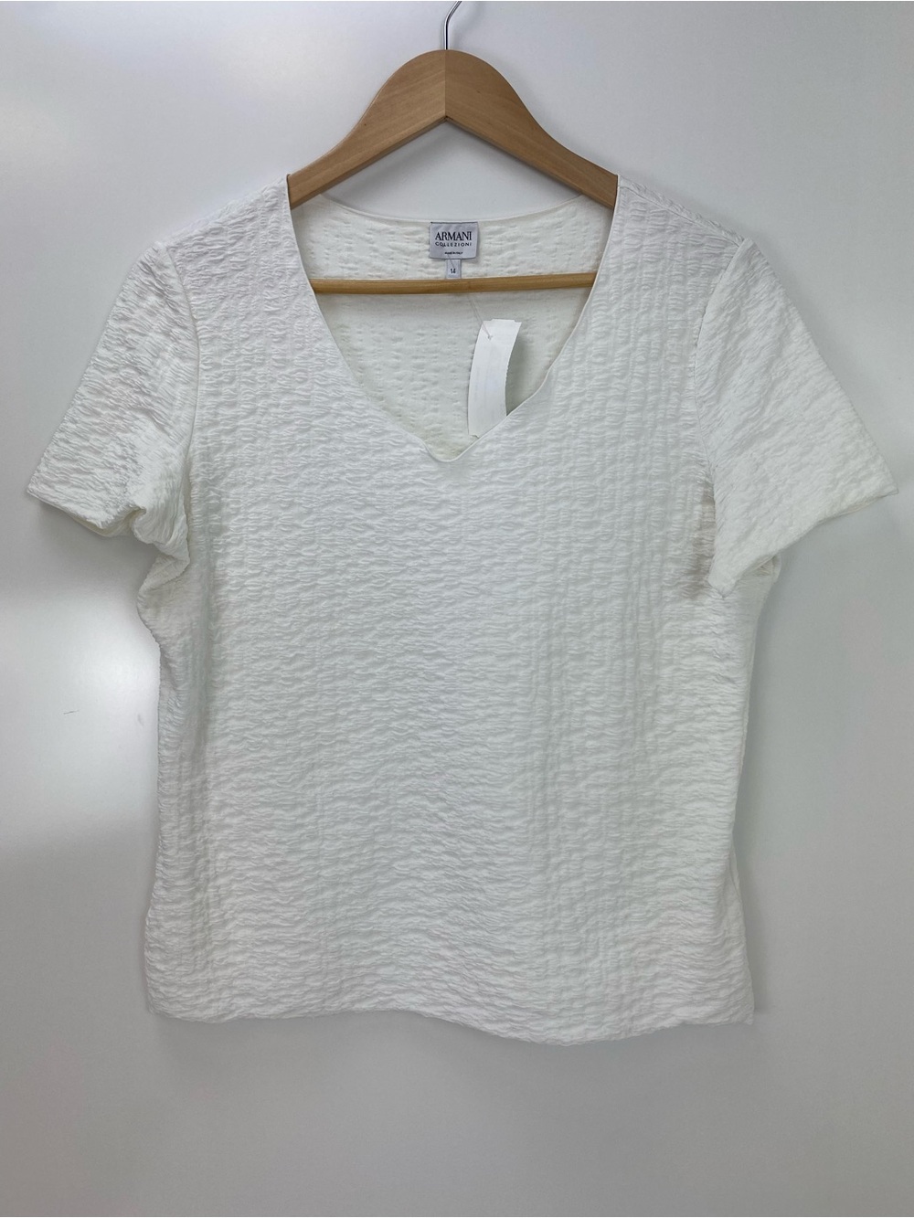 Armani Collezioni White Textured Short Sleeve V-Neck Top